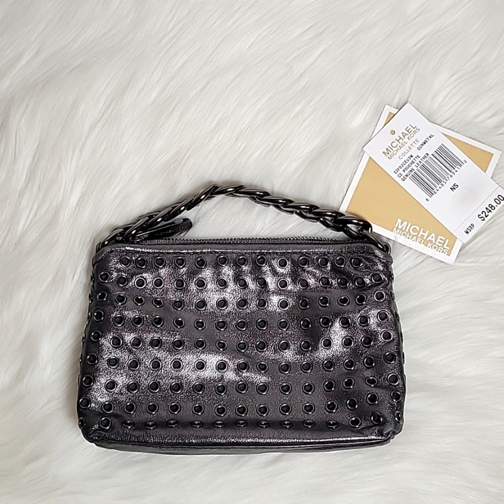 New, Michael Kors Genuine Leather pewter pouchette